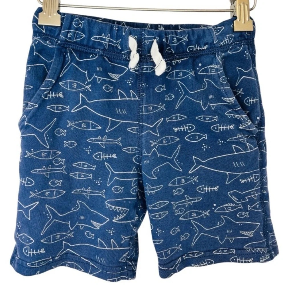 Carter’s Kid Boy’s Pull On French Terry Shark Print Blue Shorts Size 4/5